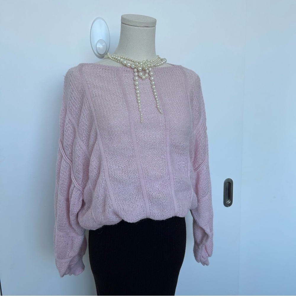 Pink Crotchet Knit Balloon Sleeve Sweater